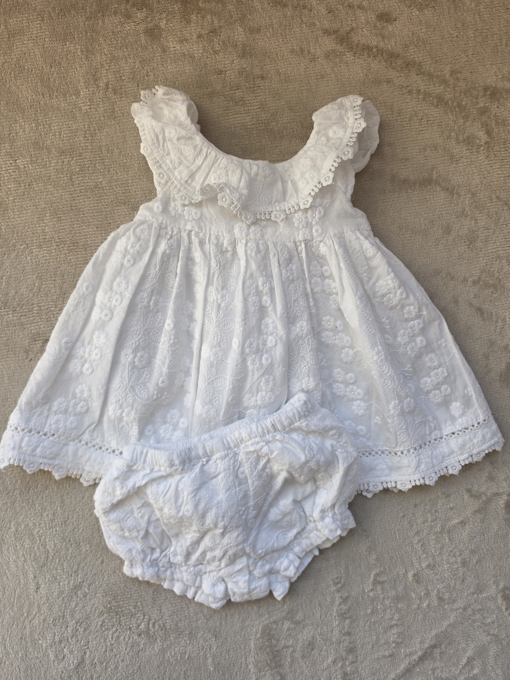 White Embroidered Baby Dress with Bloomers & Hat